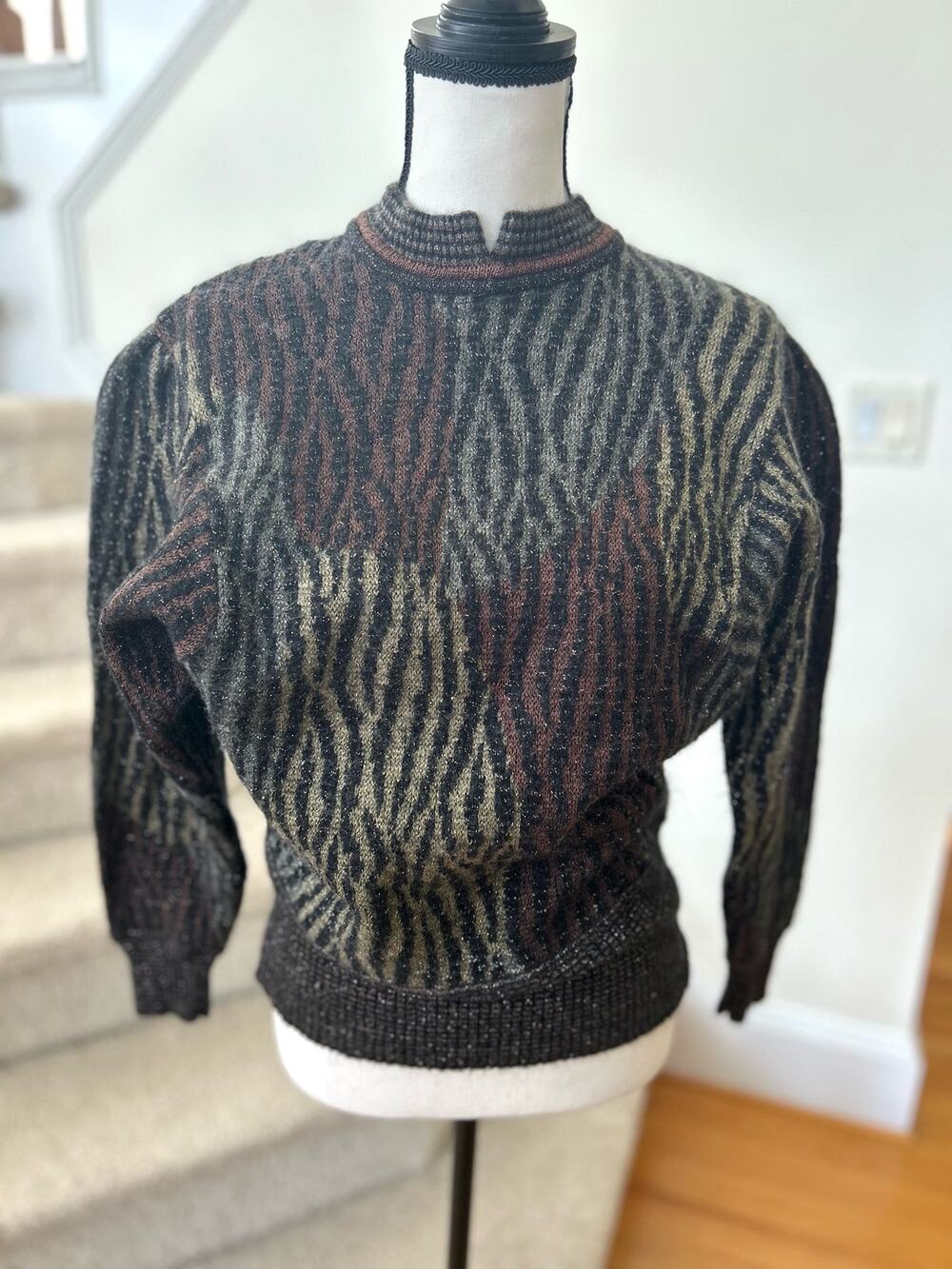 Bogner Wool & Mohair Blend Brown Metallic Zebra Print Sweater